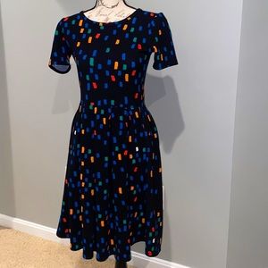 LuLaRoe Amelia Dress in Black With Multicolored Small Square Print